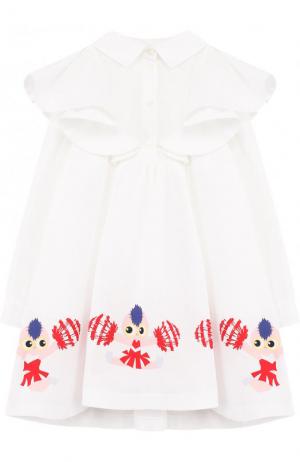 Хлопковое платье свободного кроя с принтом и оборками Fendi. Цвет: белый