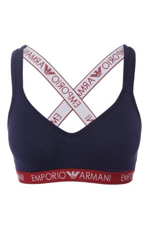 Хлопковый бюстгальтер с логотипом бренда Emporio Armani. Цвет: синий
