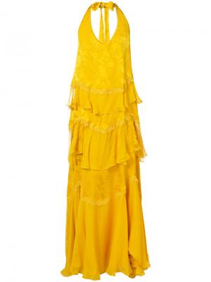 Длинное жаккардовое платье с оборками Roberto Cavalli. Цвет: жёлтый и оранжевый