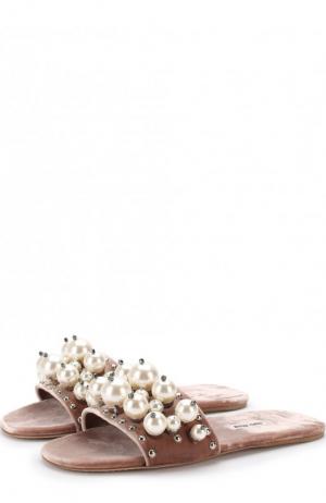 Бархатные шлепанцы с жемчужинами Miu. Цвет: пепельно-розовый