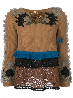 Свитер с вышивкой и оборками Antonio Marras. Цвет: коричневый