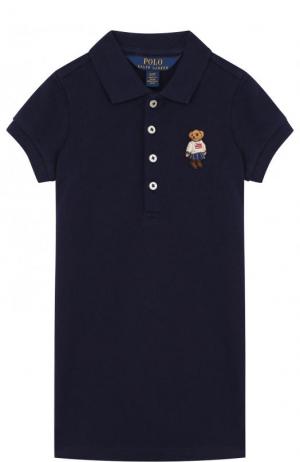 Хлопковое мини-платье прямого кроя с вышивкой Polo Ralph Lauren. Цвет: синий