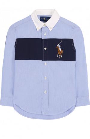 Рубашка из смеси хлопка и полиамида с воротником button down контрастной отделкой Polo Ralph Lauren. Цвет: голубой