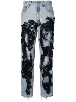 Рваные джинсы с отделкой кружевом Almaz. Цвет: чёрный