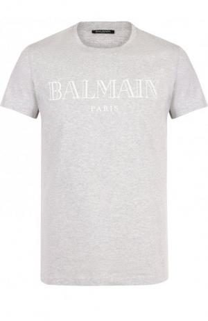 Хлопковая футболка с принтом Balmain. Цвет: светло-серый