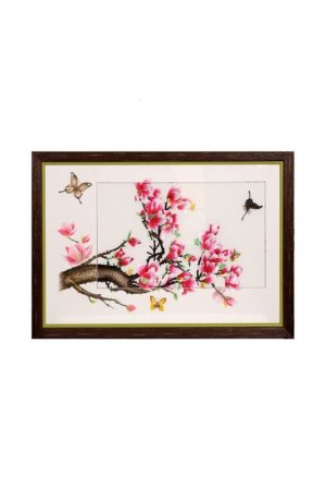 Картина Магнолия с бабочками Живой шелк. Цвет: белый