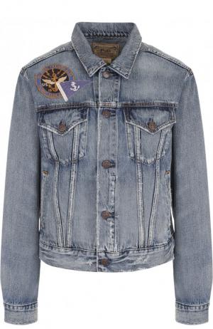 Джинсовая куртка с потертостями декоративными нашивками Polo Ralph Lauren. Цвет: синий