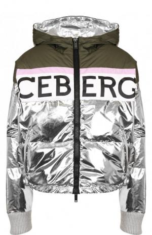 Куртка на молнии с капюшоном и логотипом бренда Iceberg. Цвет: серебряный