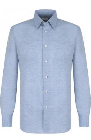 Рубашка из смеси льна и хлопка с воротником кент Brioni. Цвет: голубой