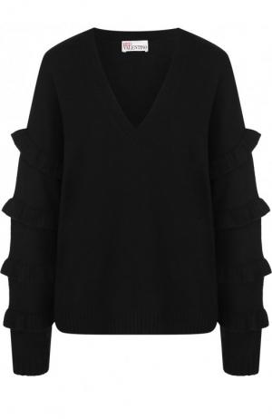 Шерстяной пуловер с V-образным вырезом и оборками REDVALENTINO. Цвет: черный