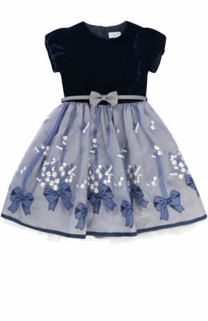 Платье-миди с вышивкой и поясом Monnalisa. Цвет: синий