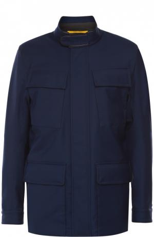 Утепленная куртка из смеси шерсти и шелка с отделкой натуральной кожи Canali. Цвет: синий