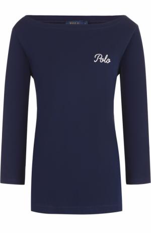 Лонгслив с вырезом-лодочка и контрастной вышивкой Polo Ralph Lauren. Цвет: синий