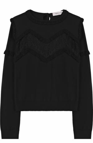 Шерстяной пуловер с кружевной вставкой Valentino. Цвет: черный