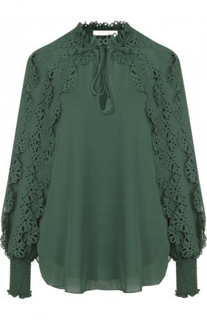 Однотонная блуза с оборками и воротником-стойкой See by Chloé. Цвет: зеленый
