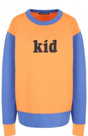 Хлопковый пуловер с круглым вырезом и надписью Acne Studios. Цвет: оранжевый