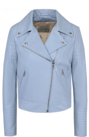 Приталенная кожаная куртка с косой молнией Yves Salomon. Цвет: голубой