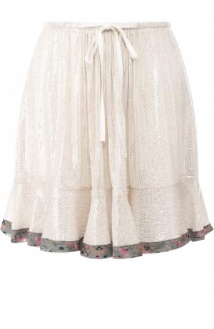 Шелковая мини-юбка с контрастной отделкой и пайетками Chloé. Цвет: серебряный