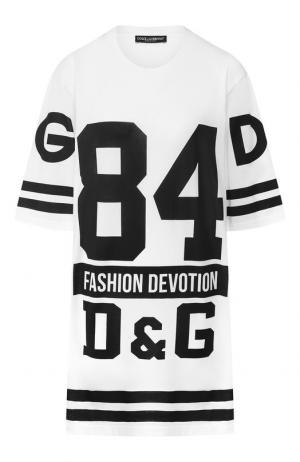 Удлиненная хлопковая футболка с логотипом бренда Dolce & Gabbana. Цвет: белый