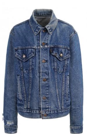 Джинсовая куртка с потертостями и декорированной спинкой R13. Цвет: голубой