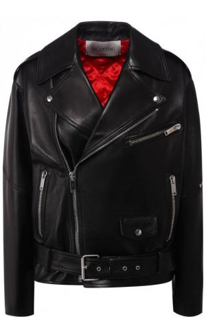 Кожаная куртка с косой молнией и поясом Valentino. Цвет: черный
