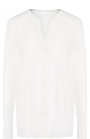 Однотонная шелковая блуза с вырезом BOSS. Цвет: белый