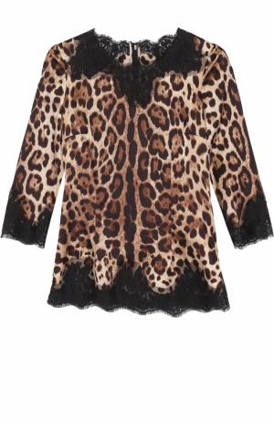 Шелковый топ с леопардовым принтом и кружевной отделкой Dolce & Gabbana. Цвет: леопардовый