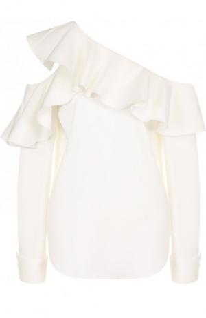 Однотонная шелковая блуза с оборками и открытыми плечами Oscar de la Renta. Цвет: белый
