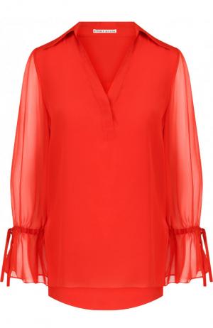 Однотонная шелковая блуза с полупрозрачными рукавами Alice + Olivia. Цвет: красный